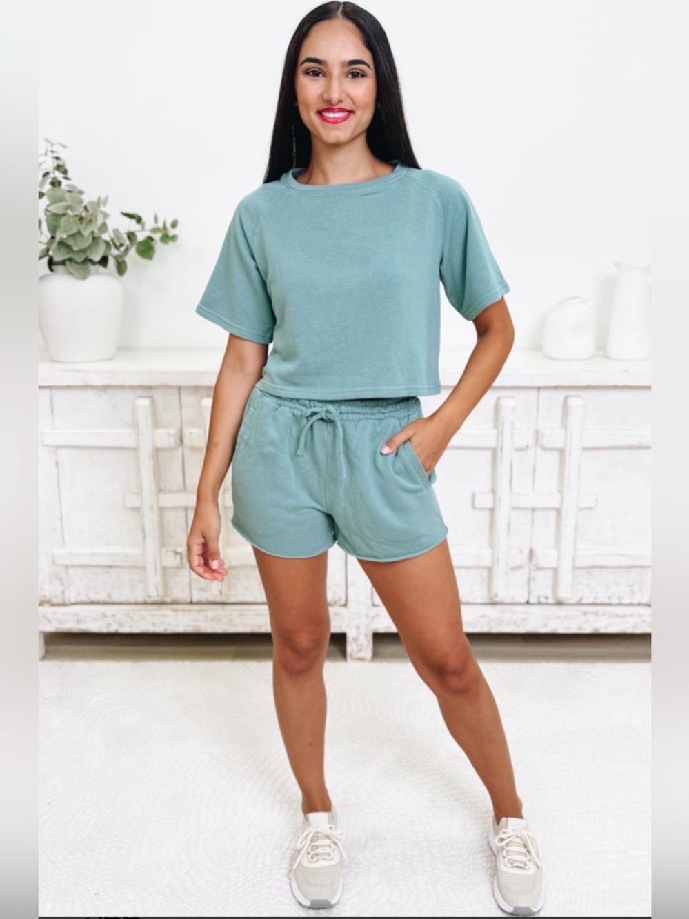 NEW Women's Sage Cropped Tee - Casual Short Sleeve Crop Top & Shorts